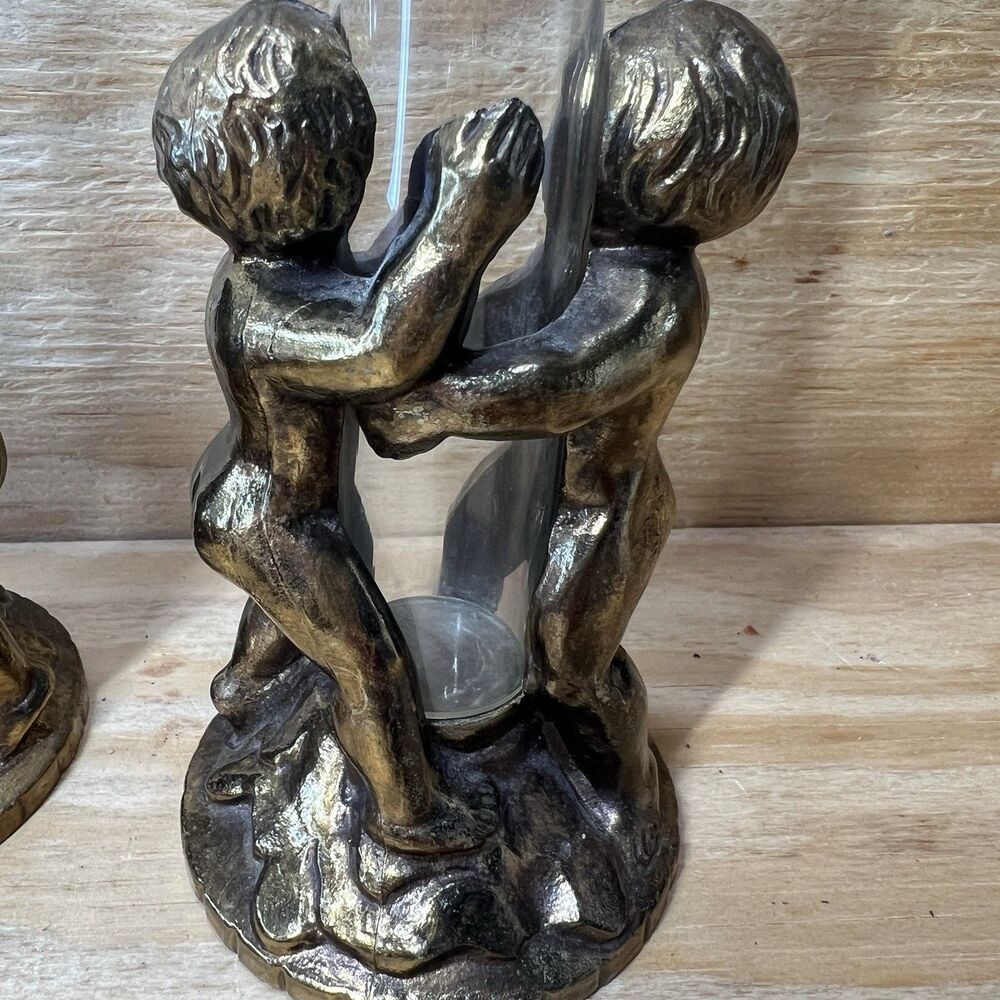 Vintage Victorian Style Cherub Bud Vases - Heavy Metal Angel Candle Holders Pair - Picture 4 of 7